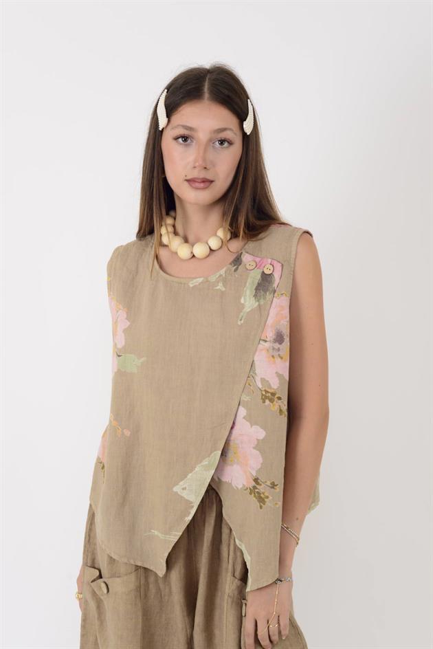 149281 BATİK ÇİÇEK DESEN ASİMETRİK KOLSUZ KETEN BLUZ