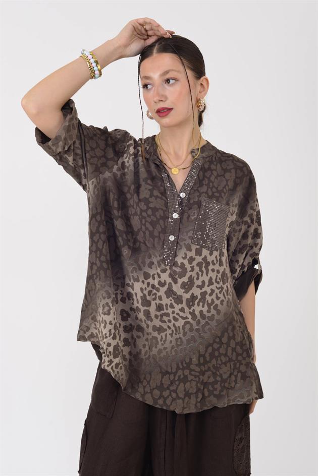 15451-16 PAYET DETAYLI LEOPAR DESEN GÖMLEK