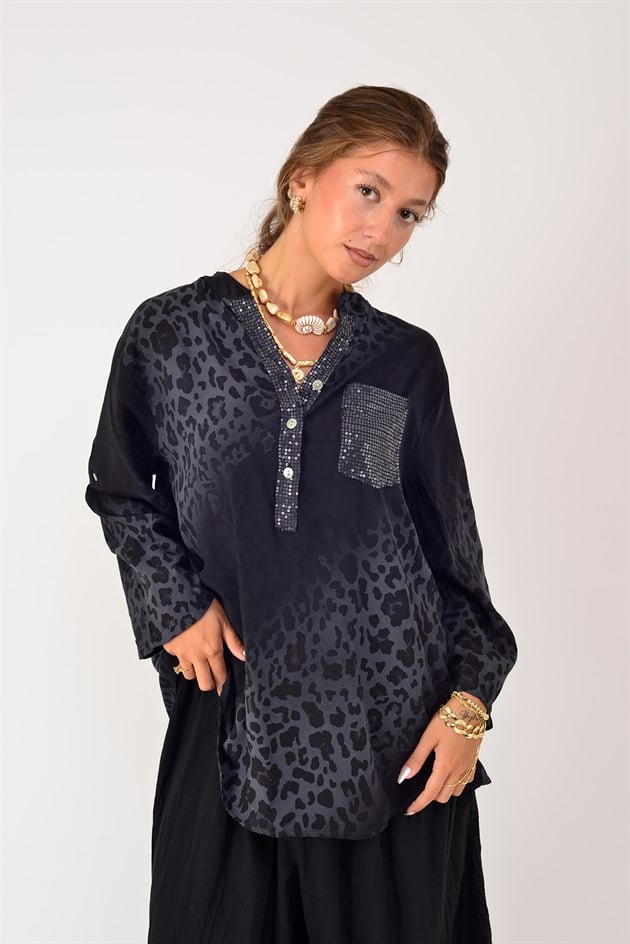 15451-16 PAYET DETAYLI LEOPAR DESEN GÖMLEK