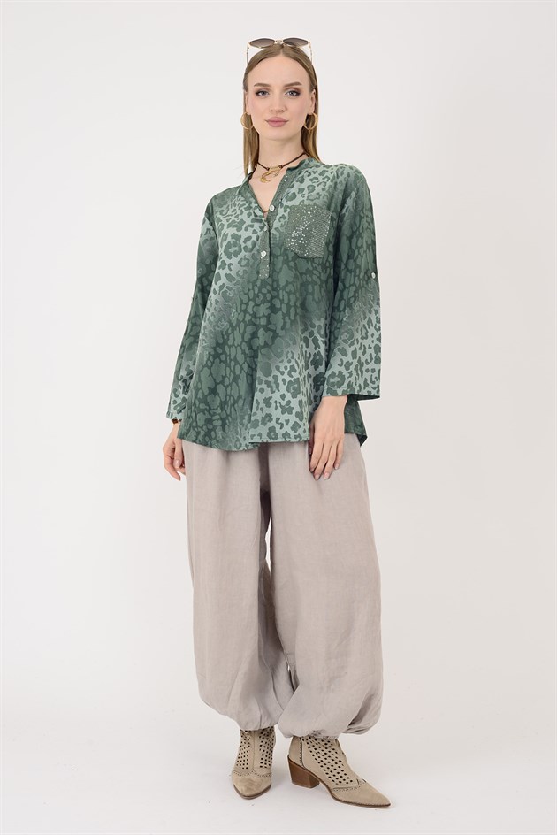 15451-16 PAYET DETAYLI LEOPAR DESEN GÖMLEK