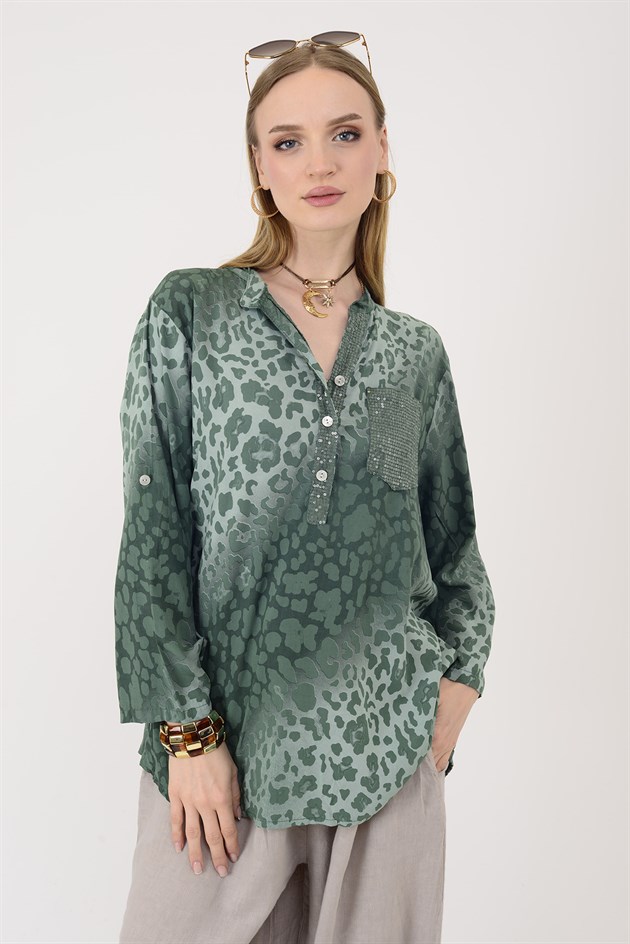 15451-16 PAYET DETAYLI LEOPAR DESEN GÖMLEK