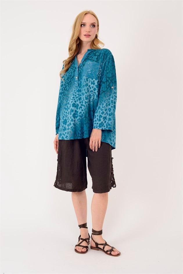 15451-16 PAYET DETAYLI LEOPAR DESEN GÖMLEK
