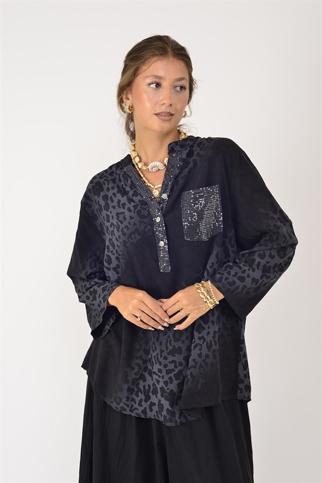 15451-16 PAYET DETAYLI LEOPAR DESEN GÖMLEK