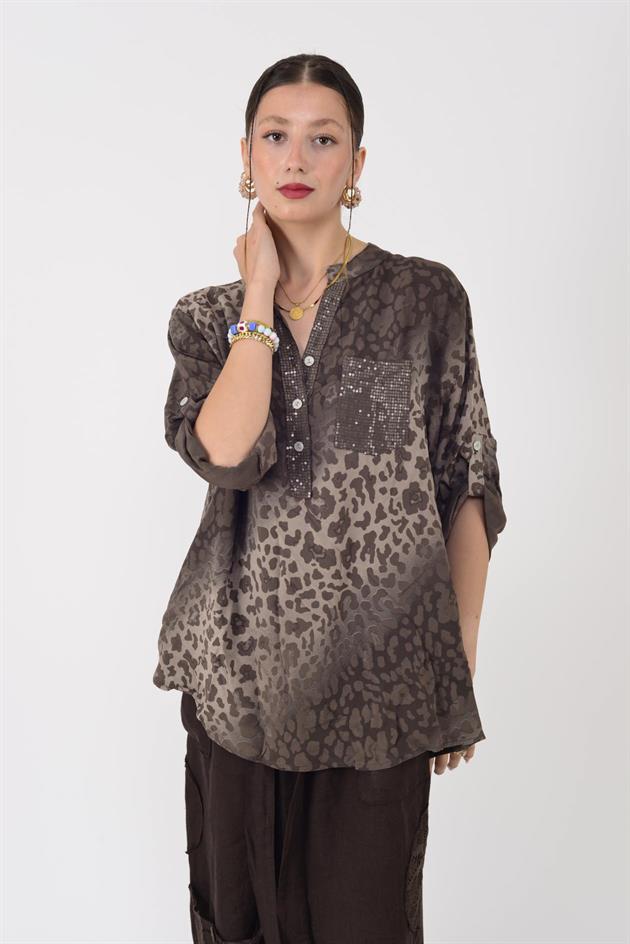 15451-16 PAYET DETAYLI LEOPAR DESEN GÖMLEK