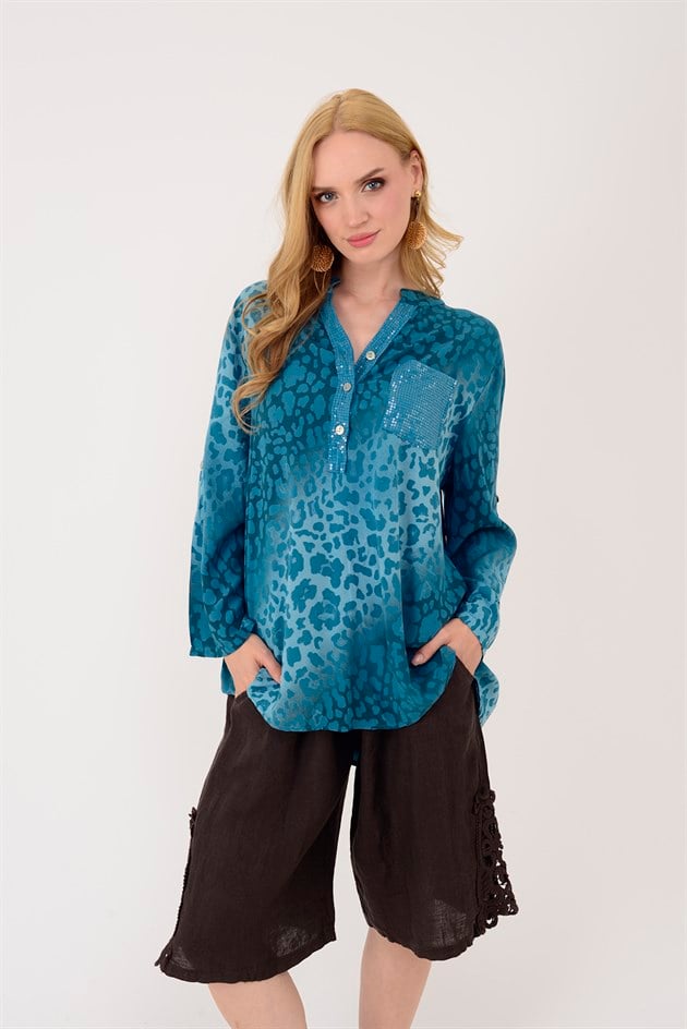 15451-16 PAYET DETAYLI LEOPAR DESEN GÖMLEK