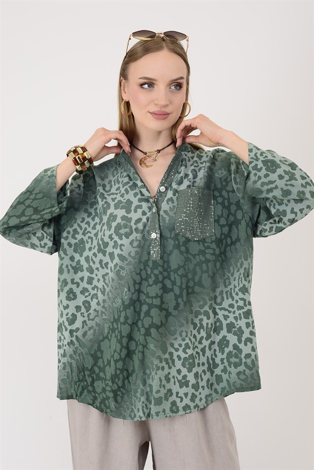 15451-16 PAYET DETAYLI LEOPAR DESEN GÖMLEK
