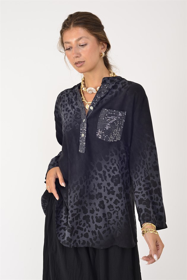 15451-16 PAYET DETAYLI LEOPAR DESEN GÖMLEK