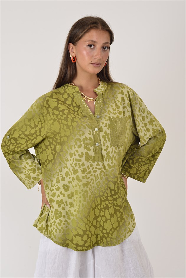 15451-16 PAYET DETAYLI LEOPAR DESEN GÖMLEK
