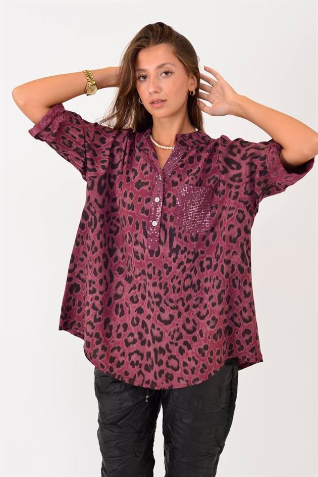 15451-23 LEOPAR DESEN PAYET DETAYLI ÜÇ DÜĞMELİ GÖMLEK