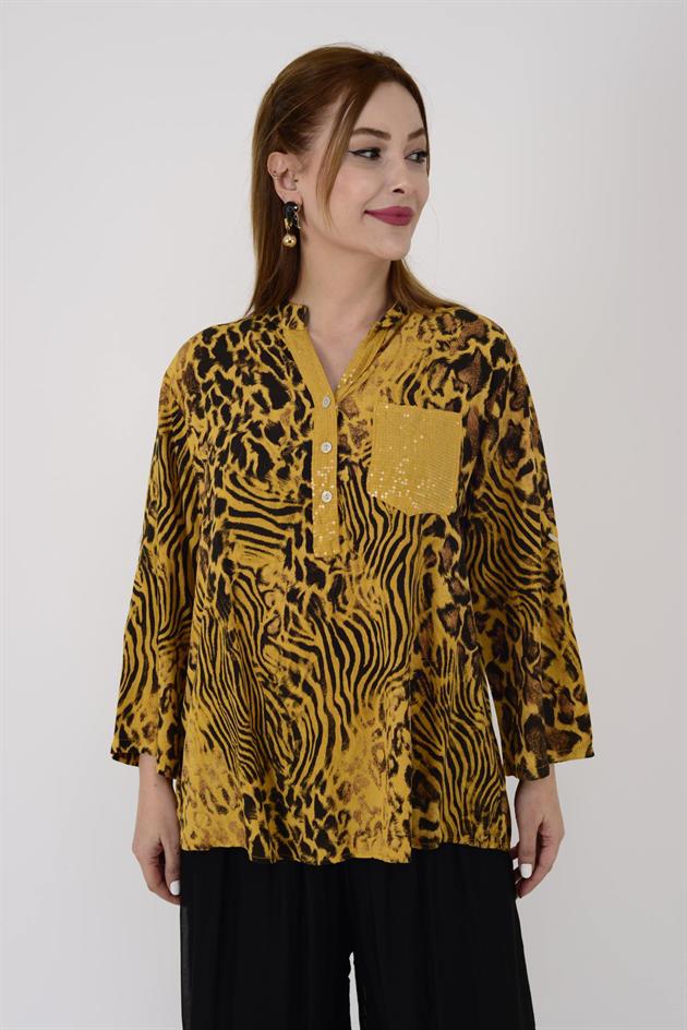 15451-8 LEOPAR DESEN PAYET DETAYLI GÖMLEK