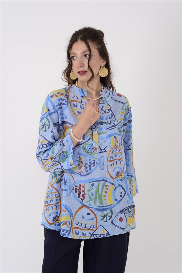 15455F-100 MOZAİK BALIK DESEN GÖMLEK