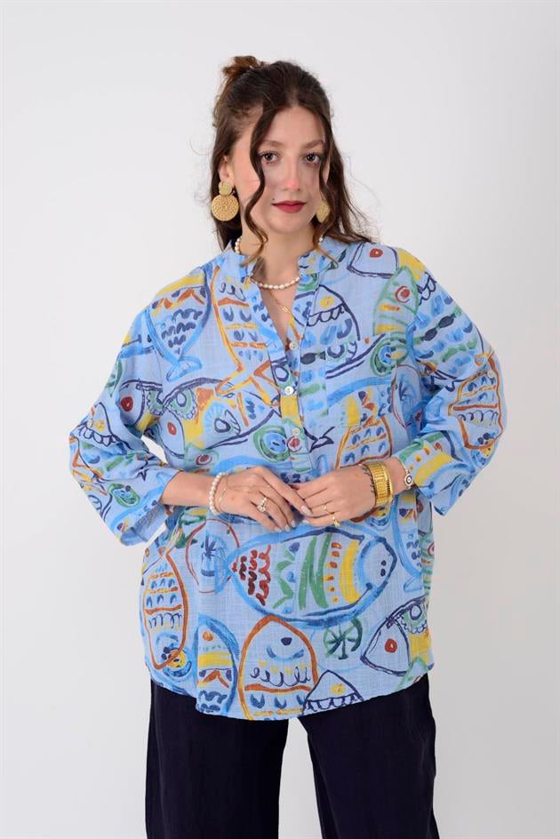 15455F-100 MOZAİK BALIK DESEN GÖMLEK