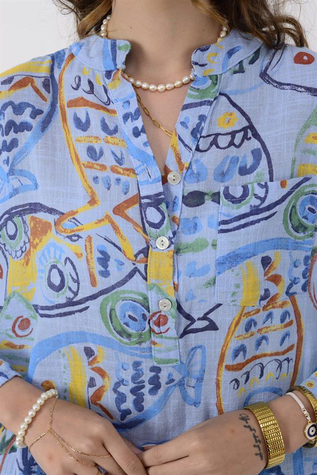 15455F-100 MOZAİK BALIK DESEN GÖMLEK