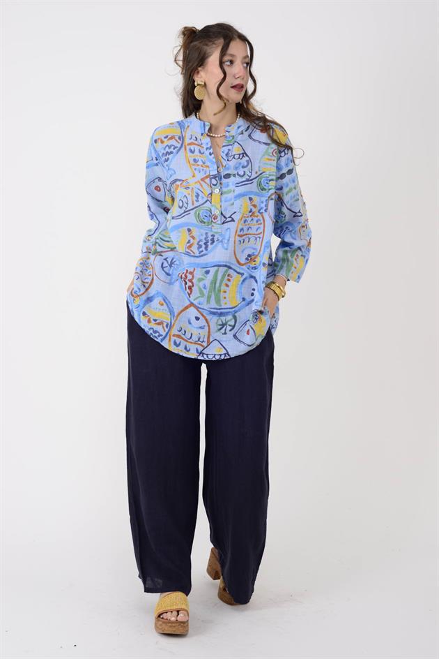 15455F-100 MOZAİK BALIK DESEN GÖMLEK