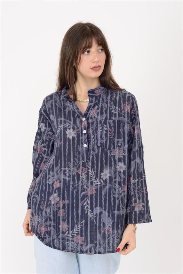 15455F-109 ÇİZGİLİ SARMAŞIK DESEN ÜÇ DÜĞMELİ GÖMLEK