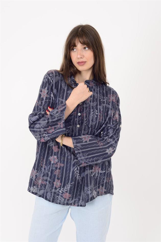 15455F-109 ÇİZGİLİ SARMAŞIK DESEN ÜÇ DÜĞMELİ GÖMLEK