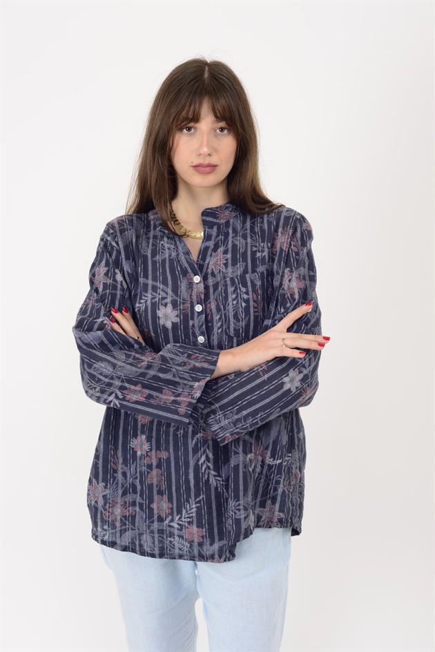 15455F-109 ÇİZGİLİ SARMAŞIK DESEN ÜÇ DÜĞMELİ GÖMLEK