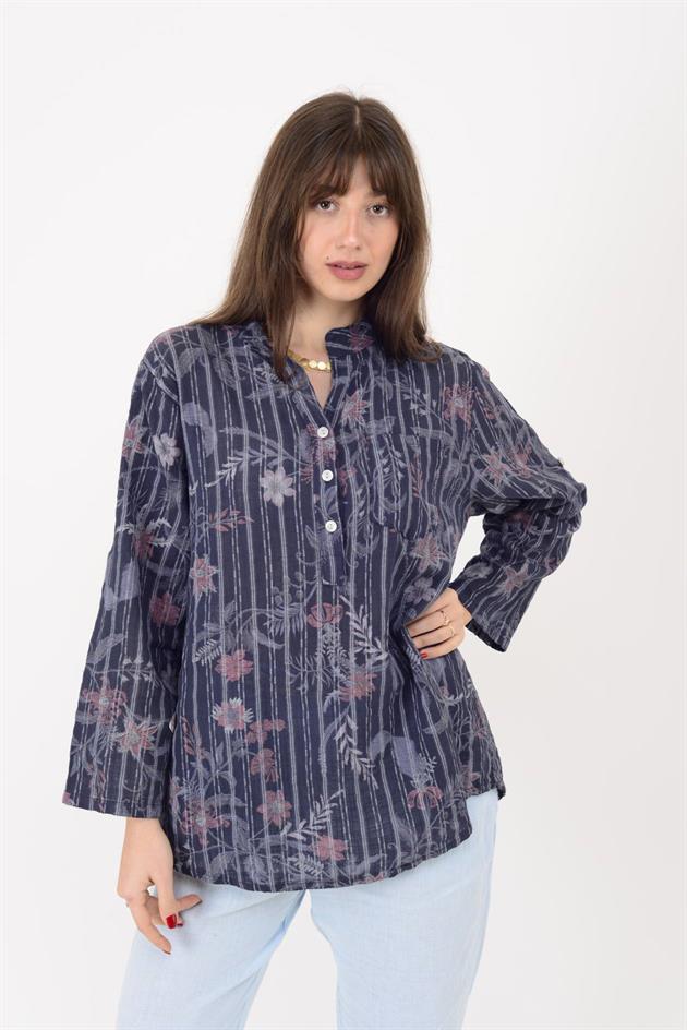 15455F-109 ÇİZGİLİ SARMAŞIK DESEN ÜÇ DÜĞMELİ GÖMLEK