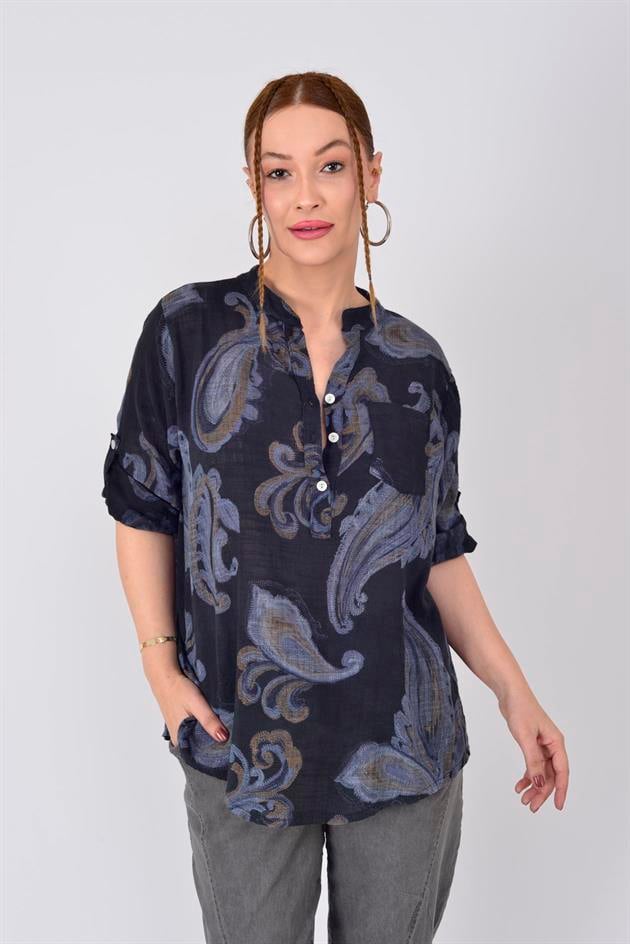 15455F-21 ŞAL DESEN ÜÇ DÜĞMELİ GÖMLEK