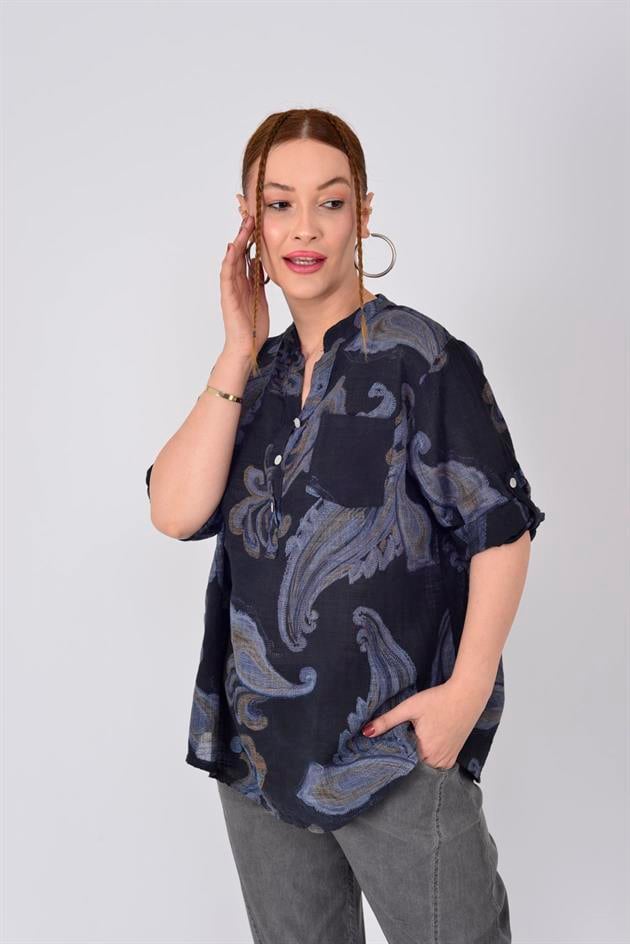 15455F-21 ŞAL DESEN ÜÇ DÜĞMELİ GÖMLEK