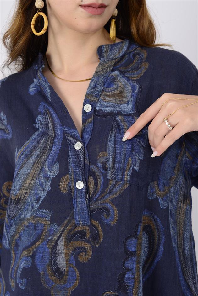 15455F-21 ŞAL DESEN ÜÇ DÜĞMELİ GÖMLEK