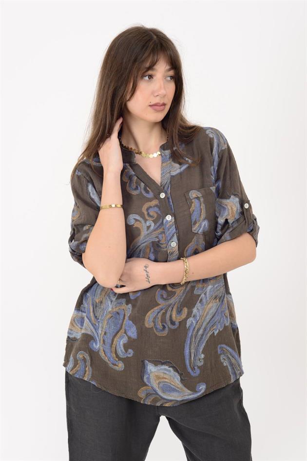 15455F-21 ŞAL DESEN ÜÇ DÜĞMELİ GÖMLEK