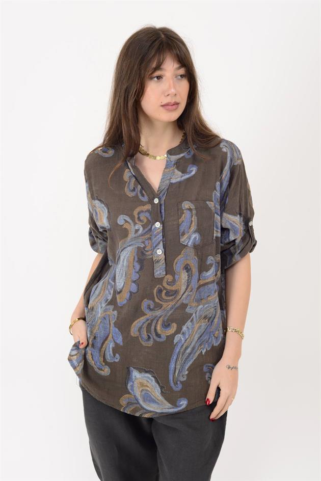 15455F-21 ŞAL DESEN ÜÇ DÜĞMELİ GÖMLEK