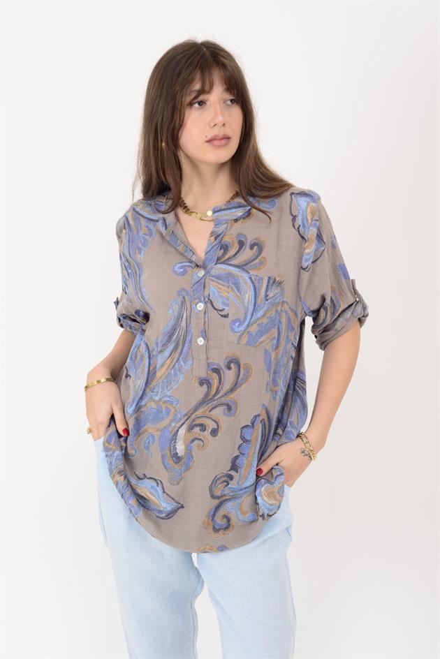 15455F-21 ŞAL DESEN ÜÇ DÜĞMELİ GÖMLEK