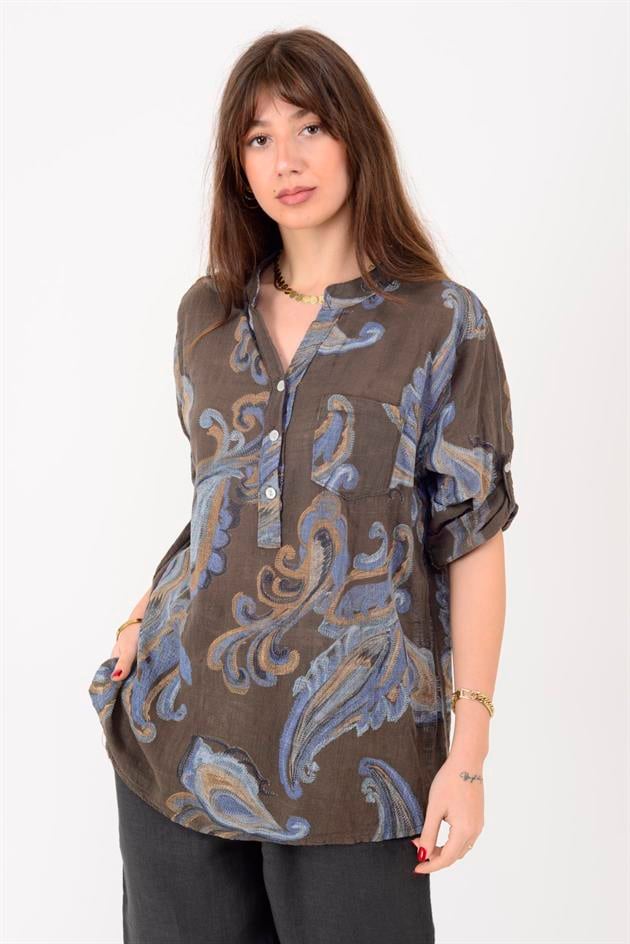 15455F-21 ŞAL DESEN ÜÇ DÜĞMELİ GÖMLEK