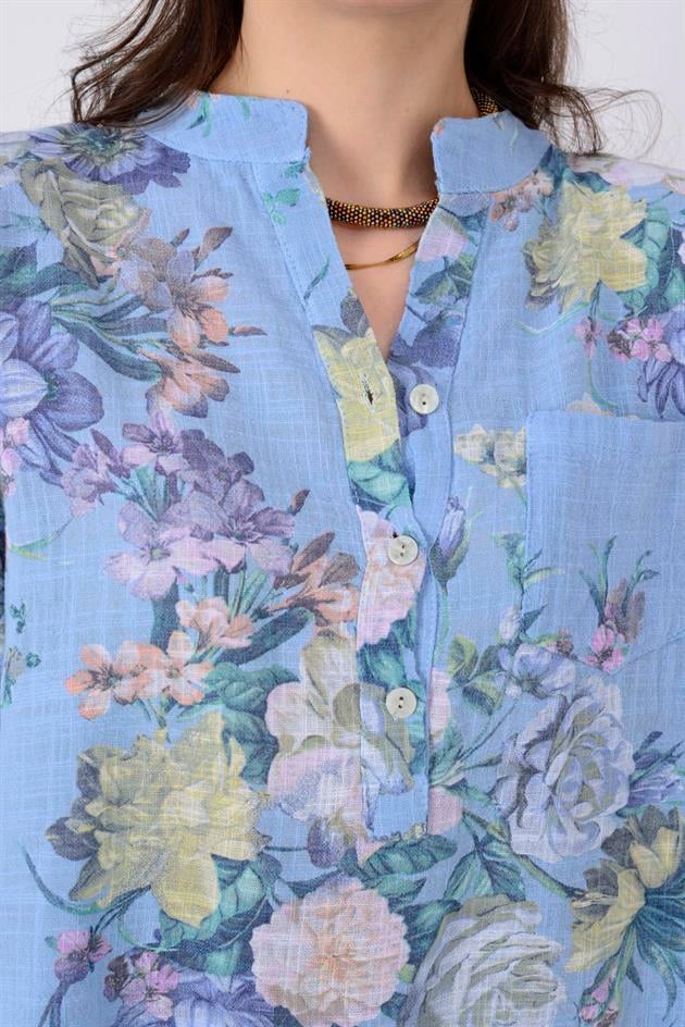 15455F-6 ÇİÇEK DESENLİ CEP DETAYLI GÖMLEK