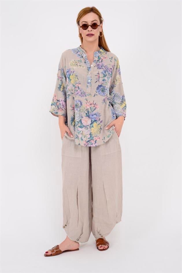 15455F-6 ÇİÇEK DESENLİ CEP DETAYLI GÖMLEK