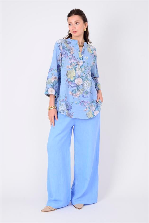 15455F-6 ÇİÇEK DESENLİ CEP DETAYLI GÖMLEK