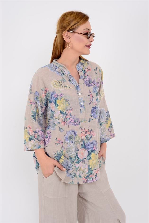 15455F-6 ÇİÇEK DESENLİ CEP DETAYLI GÖMLEK