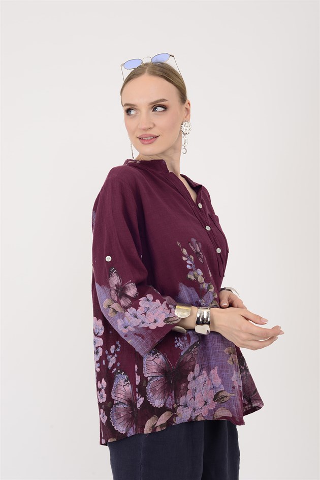 15455F-87 BUTTERFLY ÇİÇEK DESEN GÖMLEK
