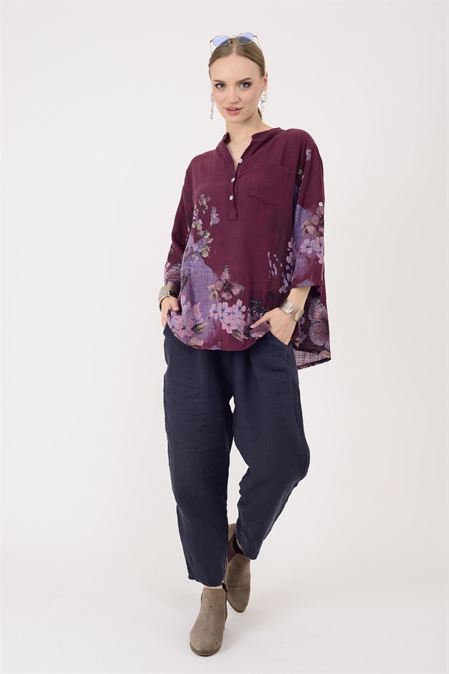 15455F-87 BUTTERFLY ÇİÇEK DESEN GÖMLEK