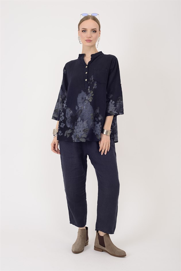 15455F-87 BUTTERFLY ÇİÇEK DESEN GÖMLEK