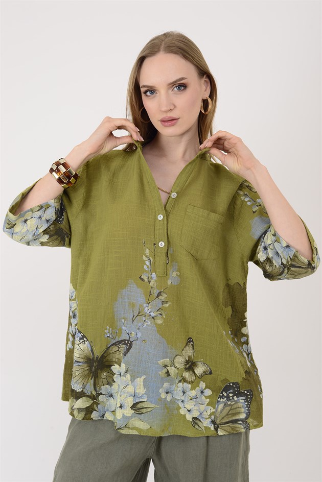 15455F-87 BUTTERFLY ÇİÇEK DESEN GÖMLEK