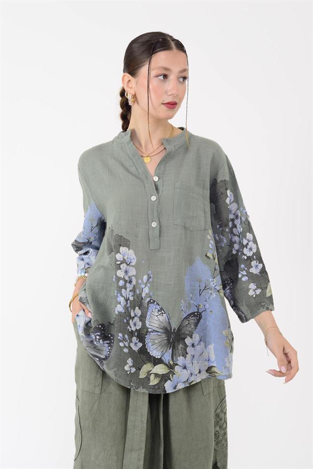 15455F-87 BUTTERFLY ÇİÇEK DESEN GÖMLEK