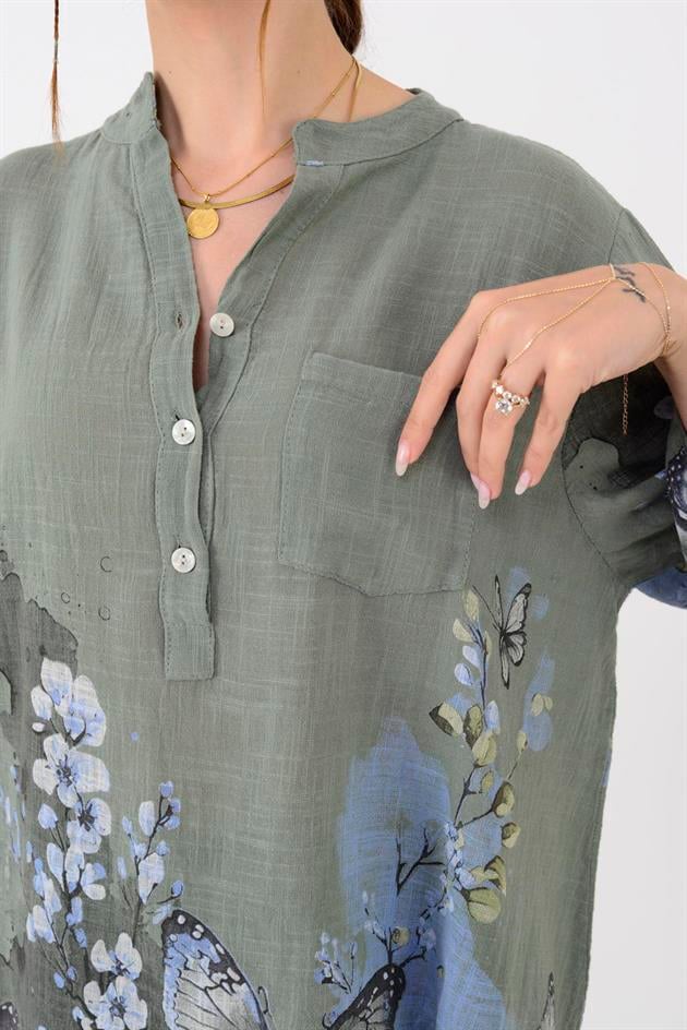 15455F-87 BUTTERFLY ÇİÇEK DESEN GÖMLEK
