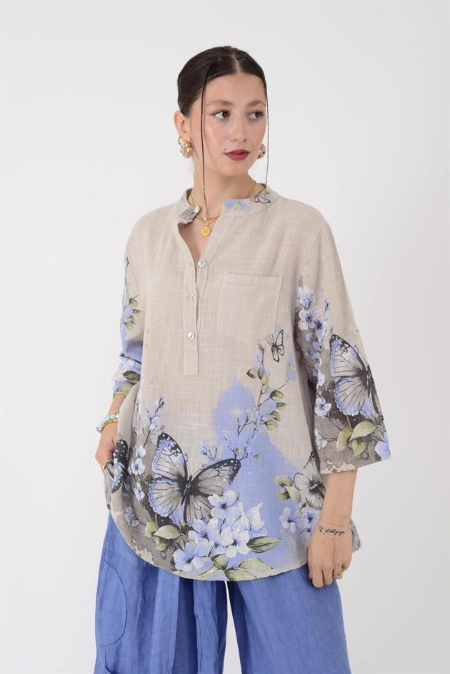 15455F-87 BUTTERFLY ÇİÇEK DESEN GÖMLEK