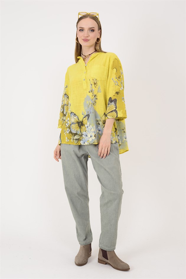 15455F-87 BUTTERFLY ÇİÇEK DESEN GÖMLEK