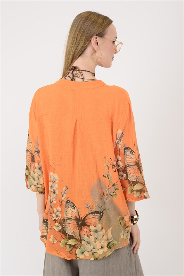 15455F-87 BUTTERFLY ÇİÇEK DESEN GÖMLEK