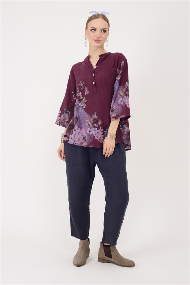 15455F-87 BUTTERFLY ÇİÇEK DESEN GÖMLEK