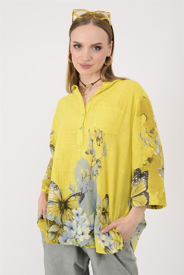 15455F-87 BUTTERFLY ÇİÇEK DESEN GÖMLEK