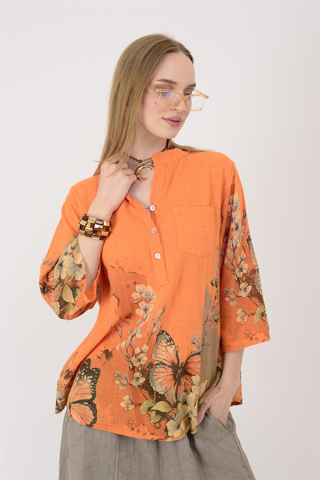 15455F-87 BUTTERFLY ÇİÇEK DESEN GÖMLEK