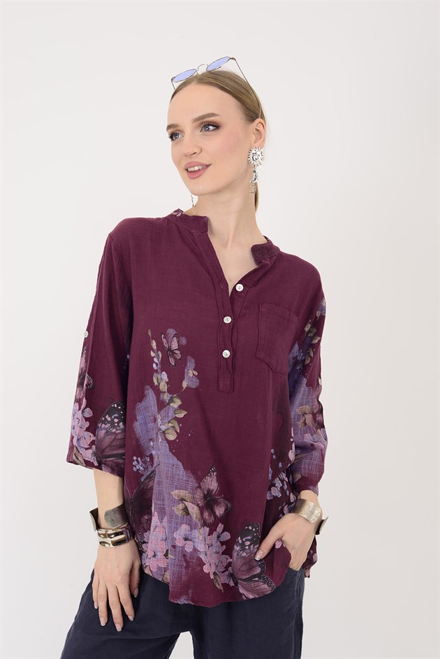 15455F-87 BUTTERFLY ÇİÇEK DESEN GÖMLEK