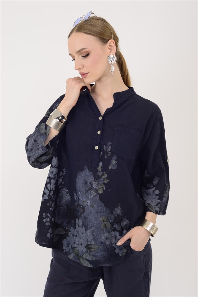 15455F-87 BUTTERFLY ÇİÇEK DESEN GÖMLEK