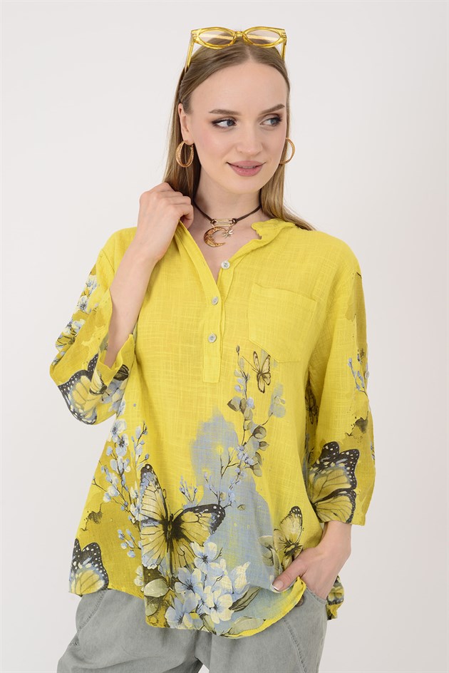 15455F-87 BUTTERFLY ÇİÇEK DESEN GÖMLEK