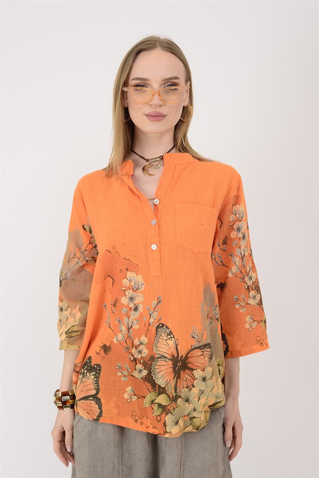 15455F-87 BUTTERFLY ÇİÇEK DESEN GÖMLEK