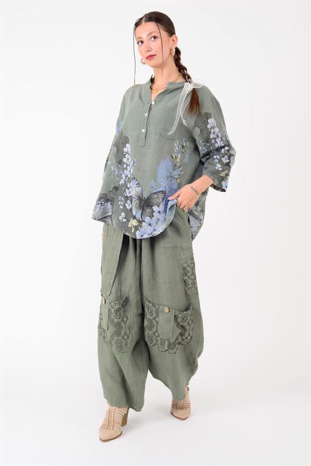 15455F-87 BUTTERFLY ÇİÇEK DESEN GÖMLEK